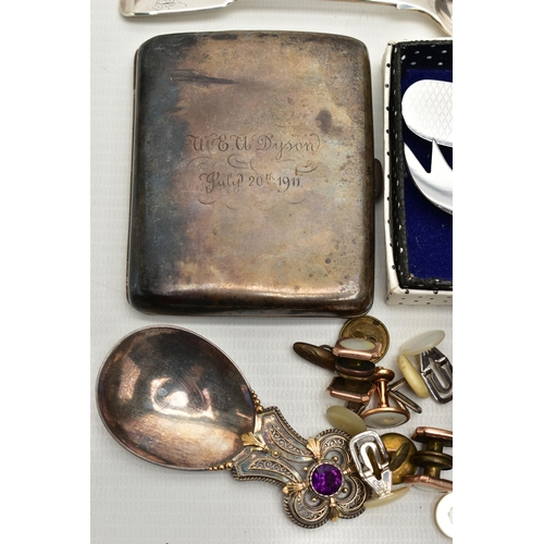 172 - A PARCEL OF 19TH AND 20TH CENTURY SILVER AND WHITE METAL, comprising a set of four Victorian fiddle ... 