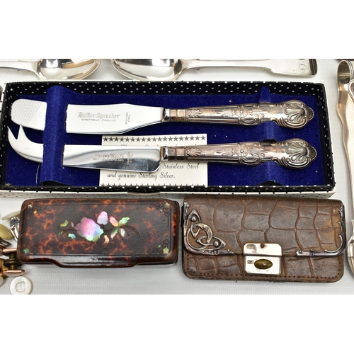 172 - A PARCEL OF 19TH AND 20TH CENTURY SILVER AND WHITE METAL, comprising a set of four Victorian fiddle ... 