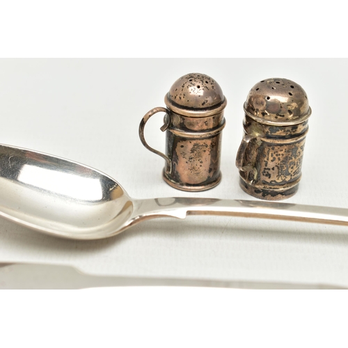 172 - A PARCEL OF 19TH AND 20TH CENTURY SILVER AND WHITE METAL, comprising a set of four Victorian fiddle ... 