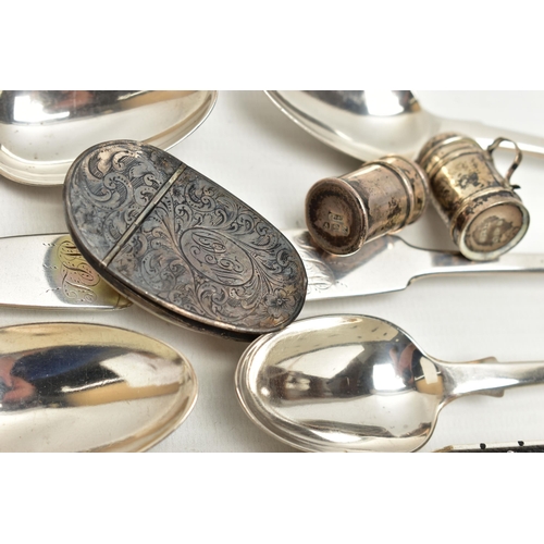 172 - A PARCEL OF 19TH AND 20TH CENTURY SILVER AND WHITE METAL, comprising a set of four Victorian fiddle ... 