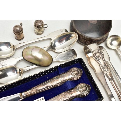 172 - A PARCEL OF 19TH AND 20TH CENTURY SILVER AND WHITE METAL, comprising a set of four Victorian fiddle ... 