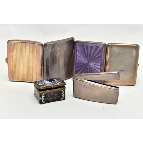 173 - THREE SILVER CIGARETTE / CARD CASES AND AN ENAMELLED PILL BOX, comprising a George V cigarette case ... 