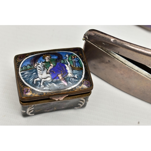 173 - THREE SILVER CIGARETTE / CARD CASES AND AN ENAMELLED PILL BOX, comprising a George V cigarette case ... 