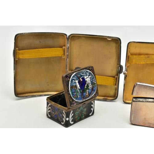 173 - THREE SILVER CIGARETTE / CARD CASES AND AN ENAMELLED PILL BOX, comprising a George V cigarette case ... 