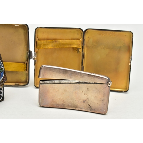 173 - THREE SILVER CIGARETTE / CARD CASES AND AN ENAMELLED PILL BOX, comprising a George V cigarette case ... 