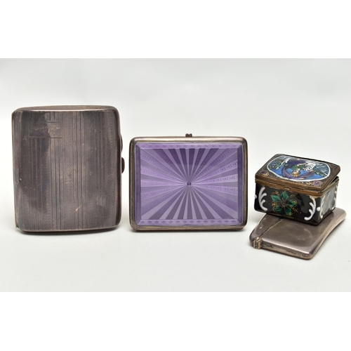 173 - THREE SILVER CIGARETTE / CARD CASES AND AN ENAMELLED PILL BOX, comprising a George V cigarette case ... 