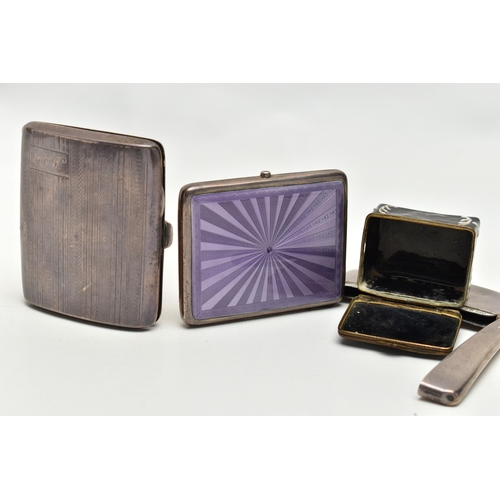 173 - THREE SILVER CIGARETTE / CARD CASES AND AN ENAMELLED PILL BOX, comprising a George V cigarette case ... 