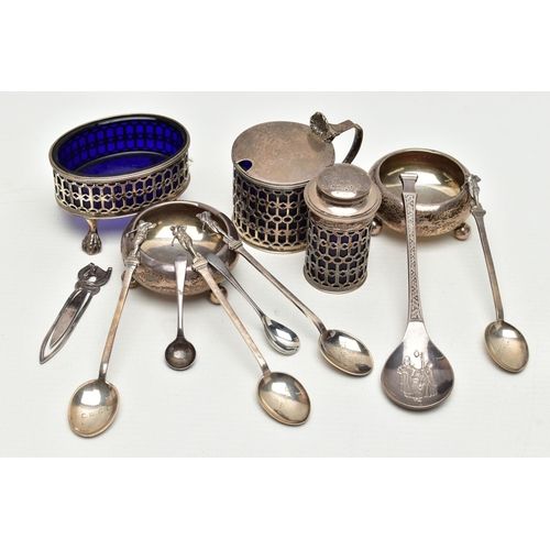 174 - A SMALL PARCEL OF 20TH CENTURY SILVER, comprising a George VI three piece cruet set of pierced form ... 