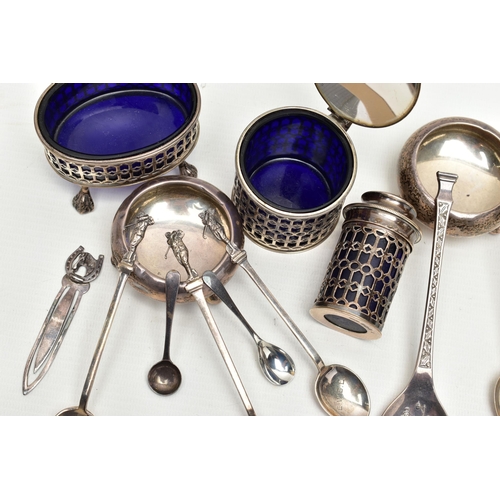 174 - A SMALL PARCEL OF 20TH CENTURY SILVER, comprising a George VI three piece cruet set of pierced form ... 