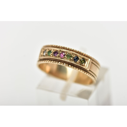 2 - A 9CT YELLOW GOLD ACROSTIC RING, set with a row of circular cut gemstones spelling out the word 'Dea... 