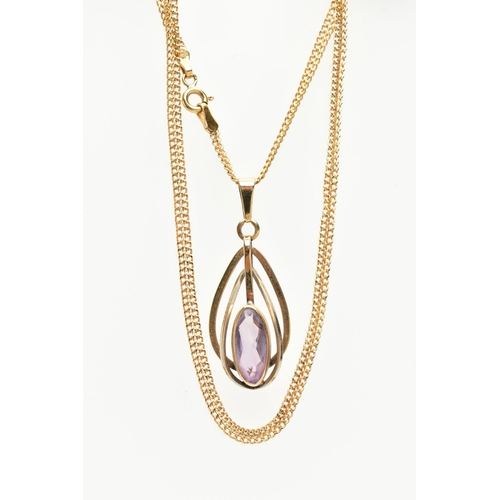 20 - A 9CT YELLOW GOLD, AMETHYST PENDANT NECKLACE, the pendant of an openwork drop design, set to the cen... 