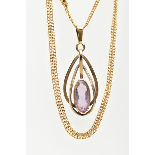 20 - A 9CT YELLOW GOLD, AMETHYST PENDANT NECKLACE, the pendant of an openwork drop design, set to the cen... 