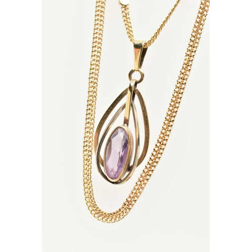 20 - A 9CT YELLOW GOLD, AMETHYST PENDANT NECKLACE, the pendant of an openwork drop design, set to the cen... 