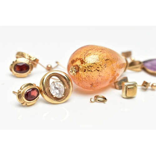 21 - A SELECTION OF YELLOW METAL EARRINGS AND A GLASS PENDANT, to include a pair of amethyst drop earring... 