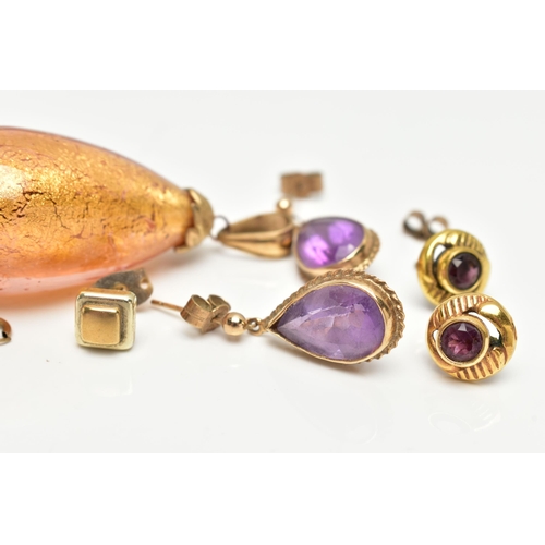 21 - A SELECTION OF YELLOW METAL EARRINGS AND A GLASS PENDANT, to include a pair of amethyst drop earring... 