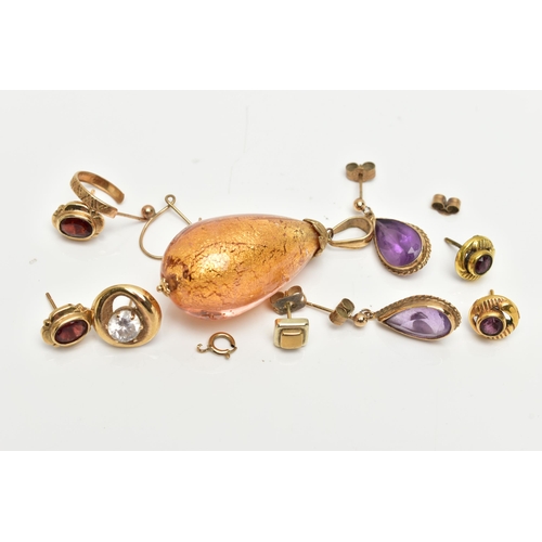 21 - A SELECTION OF YELLOW METAL EARRINGS AND A GLASS PENDANT, to include a pair of amethyst drop earring... 