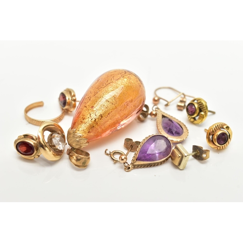 21 - A SELECTION OF YELLOW METAL EARRINGS AND A GLASS PENDANT, to include a pair of amethyst drop earring... 