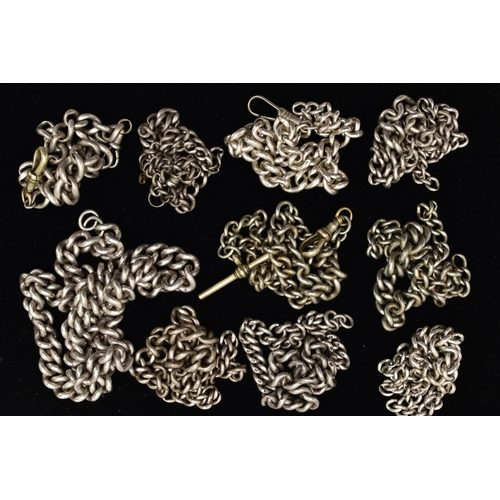 24 - TEN SILVER ALBERT CHAINS, all graduated curb link chains, with sterling marks to each link, one fitt... 