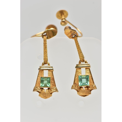 3 - A PAIR OF EARLY 20TH CENTURY EMERALD DROP EARRINGS, each of a tapered Art Deco design set to the cen... 