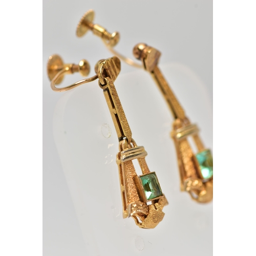 3 - A PAIR OF EARLY 20TH CENTURY EMERALD DROP EARRINGS, each of a tapered Art Deco design set to the cen... 