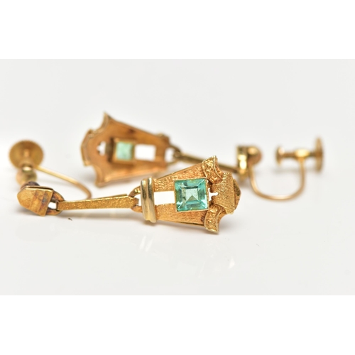 3 - A PAIR OF EARLY 20TH CENTURY EMERALD DROP EARRINGS, each of a tapered Art Deco design set to the cen... 