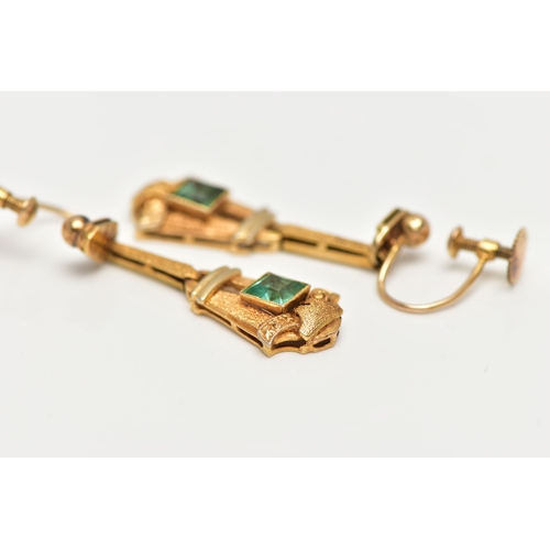 3 - A PAIR OF EARLY 20TH CENTURY EMERALD DROP EARRINGS, each of a tapered Art Deco design set to the cen... 