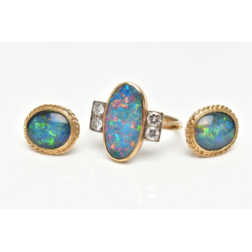 30 - A 9CT GOLD OPAL AND DIAMOND RING, WITH A PAIR OF OPAL EARRINGS, the ring designed with an oval opal ... 