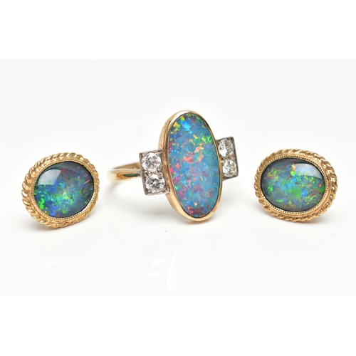 30 - A 9CT GOLD OPAL AND DIAMOND RING, WITH A PAIR OF OPAL EARRINGS, the ring designed with an oval opal ... 