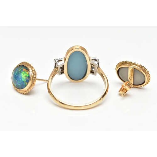 30 - A 9CT GOLD OPAL AND DIAMOND RING, WITH A PAIR OF OPAL EARRINGS, the ring designed with an oval opal ... 