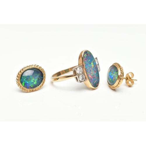 30 - A 9CT GOLD OPAL AND DIAMOND RING, WITH A PAIR OF OPAL EARRINGS, the ring designed with an oval opal ... 