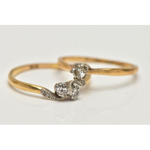 31 - TWO YELLOW METAL DIAMOND SET RINGS, the first a single stone diamond ring, six claw set, round brill... 