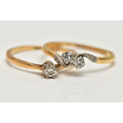 31 - TWO YELLOW METAL DIAMOND SET RINGS, the first a single stone diamond ring, six claw set, round brill... 