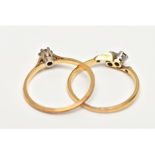 31 - TWO YELLOW METAL DIAMOND SET RINGS, the first a single stone diamond ring, six claw set, round brill... 