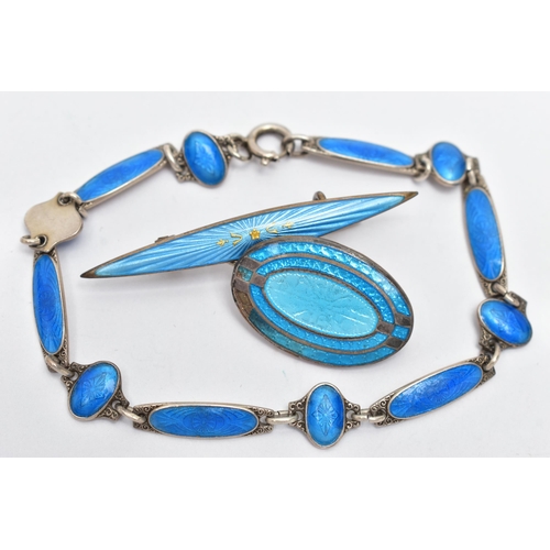 34 - THREE PIECES OF GUILLOCHE ENAMEL JEWELLERY, to include a bar brooch, detailed with a blue guilloche ... 