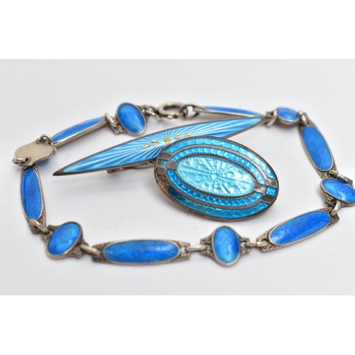 34 - THREE PIECES OF GUILLOCHE ENAMEL JEWELLERY, to include a bar brooch, detailed with a blue guilloche ... 