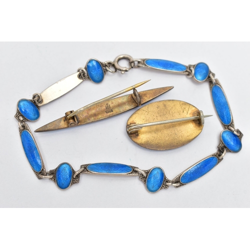 34 - THREE PIECES OF GUILLOCHE ENAMEL JEWELLERY, to include a bar brooch, detailed with a blue guilloche ... 