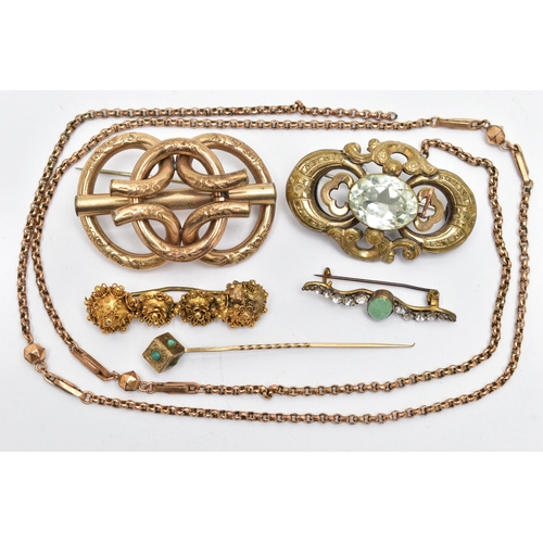 35 - FOUR BROOCHES A STICK PIN AND A CHAIN, to include a large gold plated floral detailed brooch unmarke... 