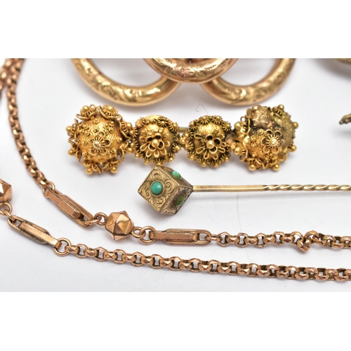 35 - FOUR BROOCHES A STICK PIN AND A CHAIN, to include a large gold plated floral detailed brooch unmarke... 