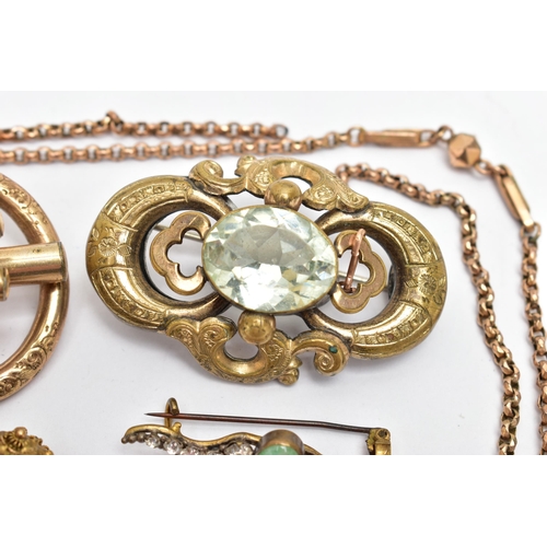 35 - FOUR BROOCHES A STICK PIN AND A CHAIN, to include a large gold plated floral detailed brooch unmarke... 