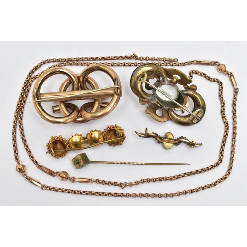 35 - FOUR BROOCHES A STICK PIN AND A CHAIN, to include a large gold plated floral detailed brooch unmarke... 