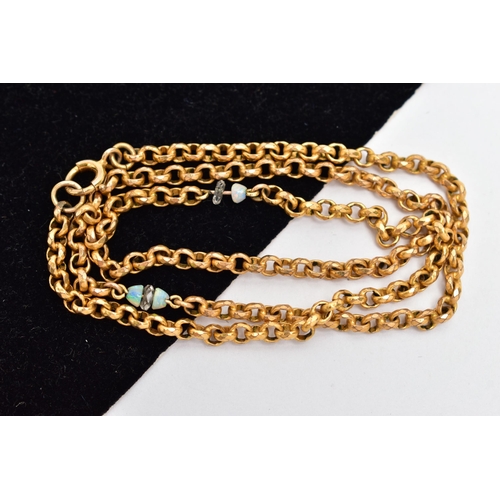 38 - A YELLOW METAL BELCHER CHAIN, faceted circular links, also fitted with three small opal domes (one i... 