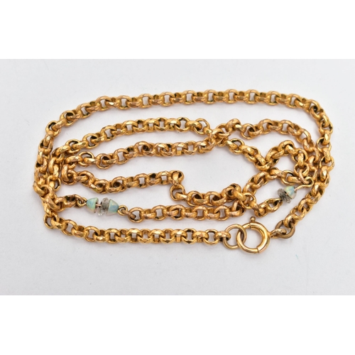 38 - A YELLOW METAL BELCHER CHAIN, faceted circular links, also fitted with three small opal domes (one i... 