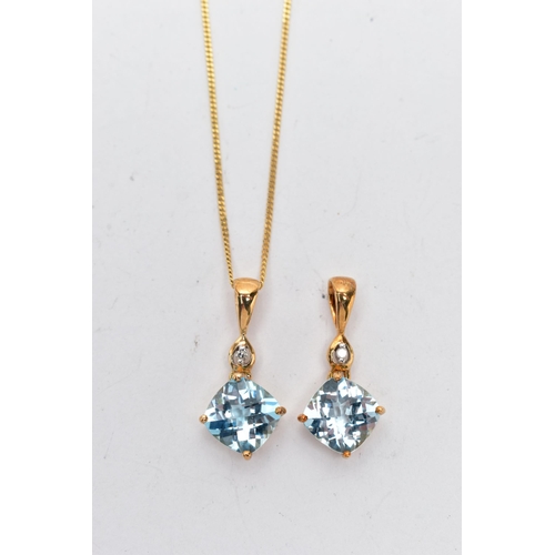 46 - TWO 9CT YELLOW GOLD, TOPAZ AND DIAMOND PENDANTS AND A CHAIN, two of the same pendant each set with a... 