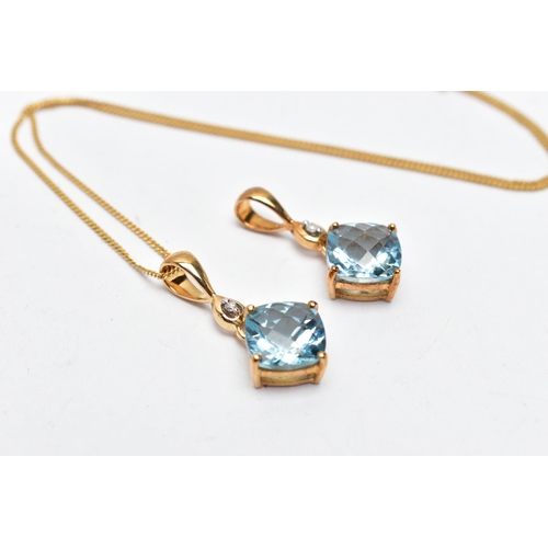 46 - TWO 9CT YELLOW GOLD, TOPAZ AND DIAMOND PENDANTS AND A CHAIN, two of the same pendant each set with a... 