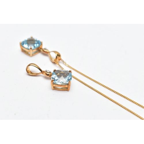 46 - TWO 9CT YELLOW GOLD, TOPAZ AND DIAMOND PENDANTS AND A CHAIN, two of the same pendant each set with a... 