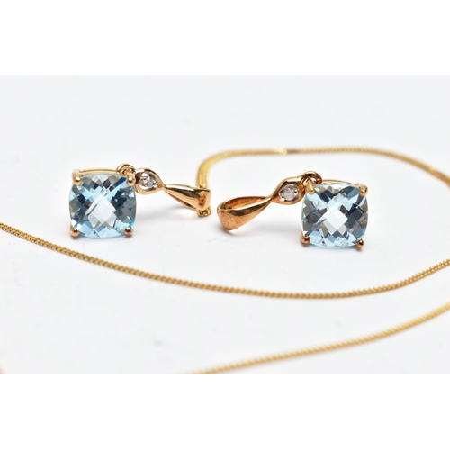 46 - TWO 9CT YELLOW GOLD, TOPAZ AND DIAMOND PENDANTS AND A CHAIN, two of the same pendant each set with a... 