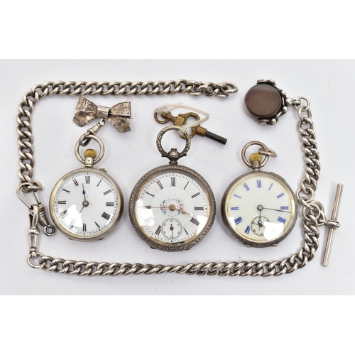 52 - THREE LADYS POCKET WATCHES AND AN ALBERT CHAIN, three open face pocket watches, all with Swiss contr... 