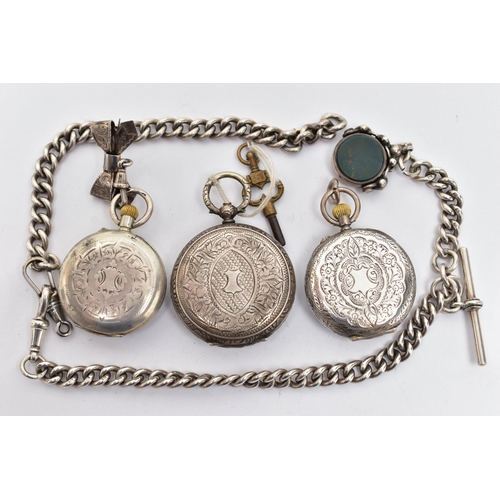 52 - THREE LADYS POCKET WATCHES AND AN ALBERT CHAIN, three open face pocket watches, all with Swiss contr... 