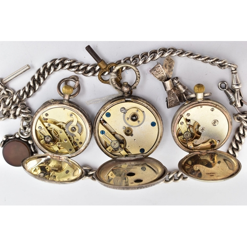 52 - THREE LADYS POCKET WATCHES AND AN ALBERT CHAIN, three open face pocket watches, all with Swiss contr... 