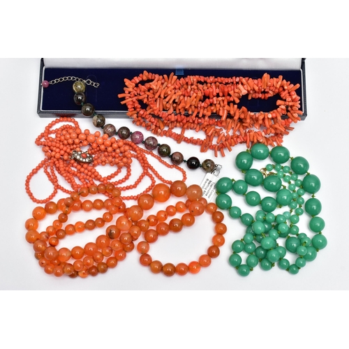 57 - FOUR SEMI-PRECIOUS BEAD NECKLACES AND TWO BRACELETS, to include a graduated carnelian bead necklace,... 